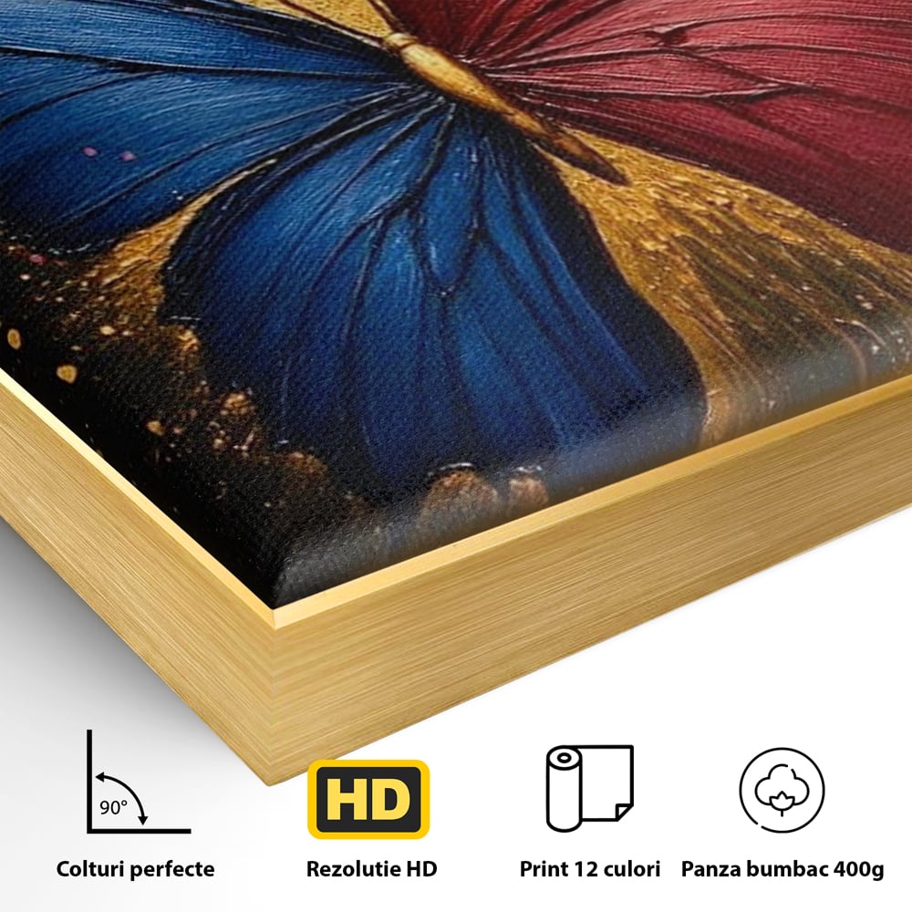 Detaliu al suprafetei: tablou canvas cu fluture colorat, in rama de aluminiu auriu